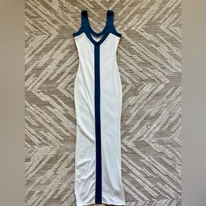 White and Blue Sleeveless Halter Maxi Dress